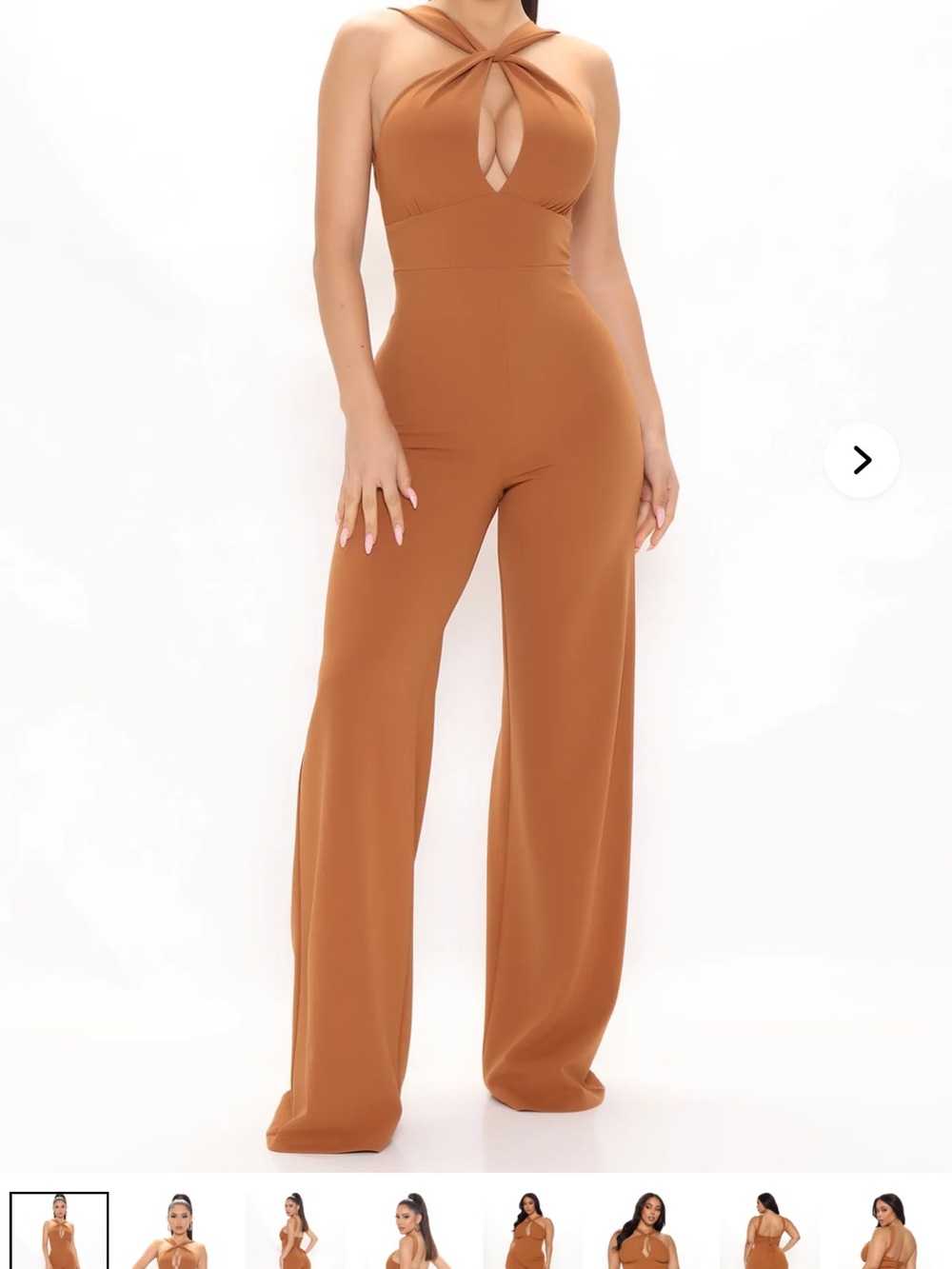 Fashion Nova Twist Halter Wide-Leg Jumpsuit in Caramel Brown